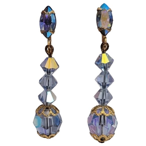 Blue AB Prong Set Navette Bead Dangle Clip-On Earrings E311 - Picture 4 of 8